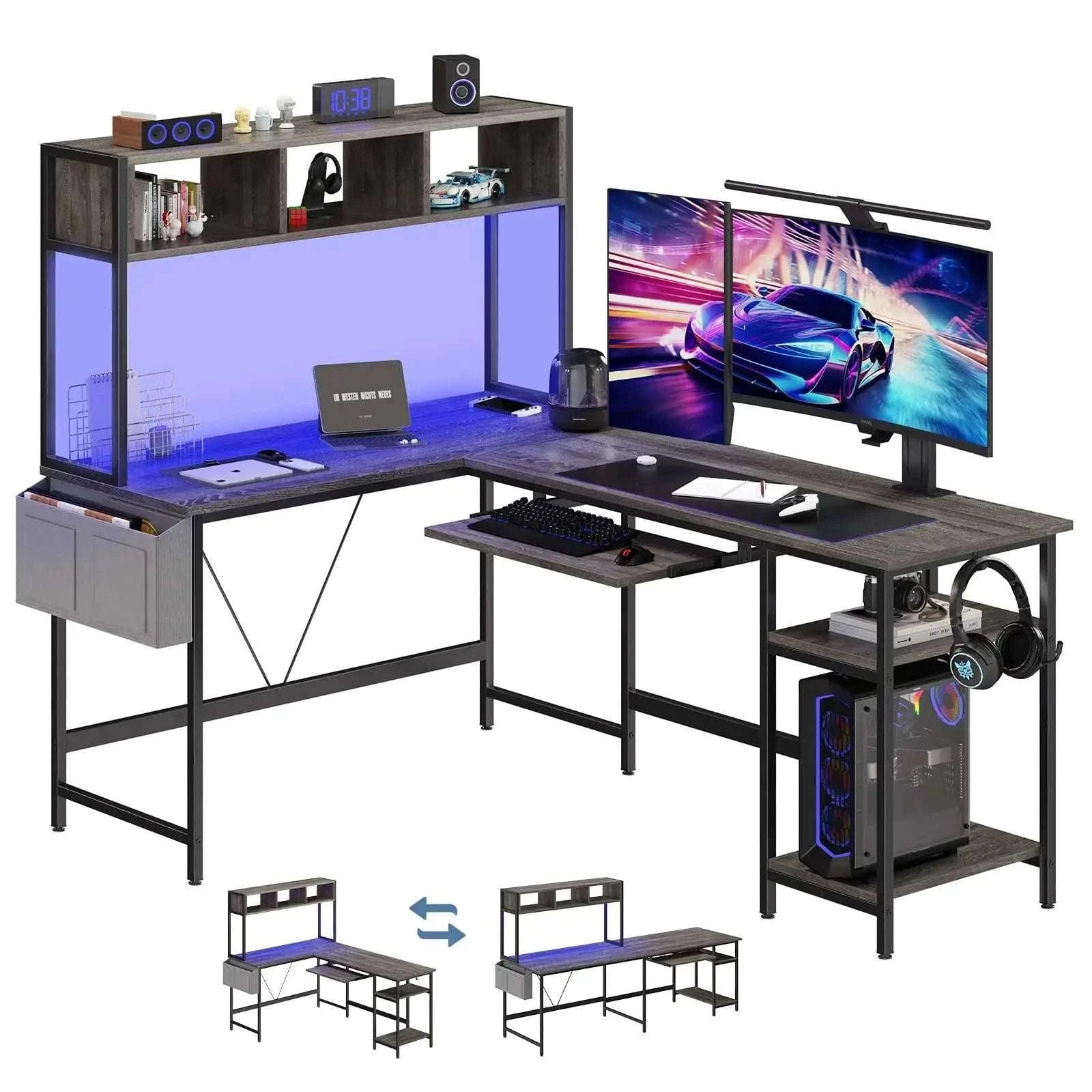67" L-Shaped Gaming Desk with LED Lights & Keyboard Tray-Gray / United States