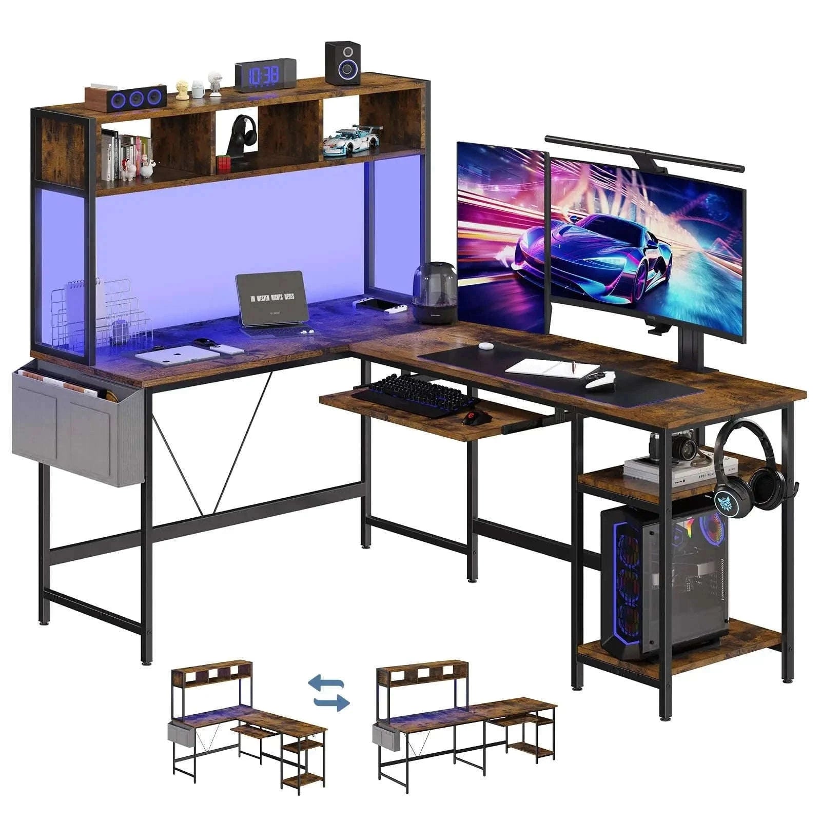 67" L-Shaped Gaming Desk with LED Lights & Keyboard Tray-Gray / United States