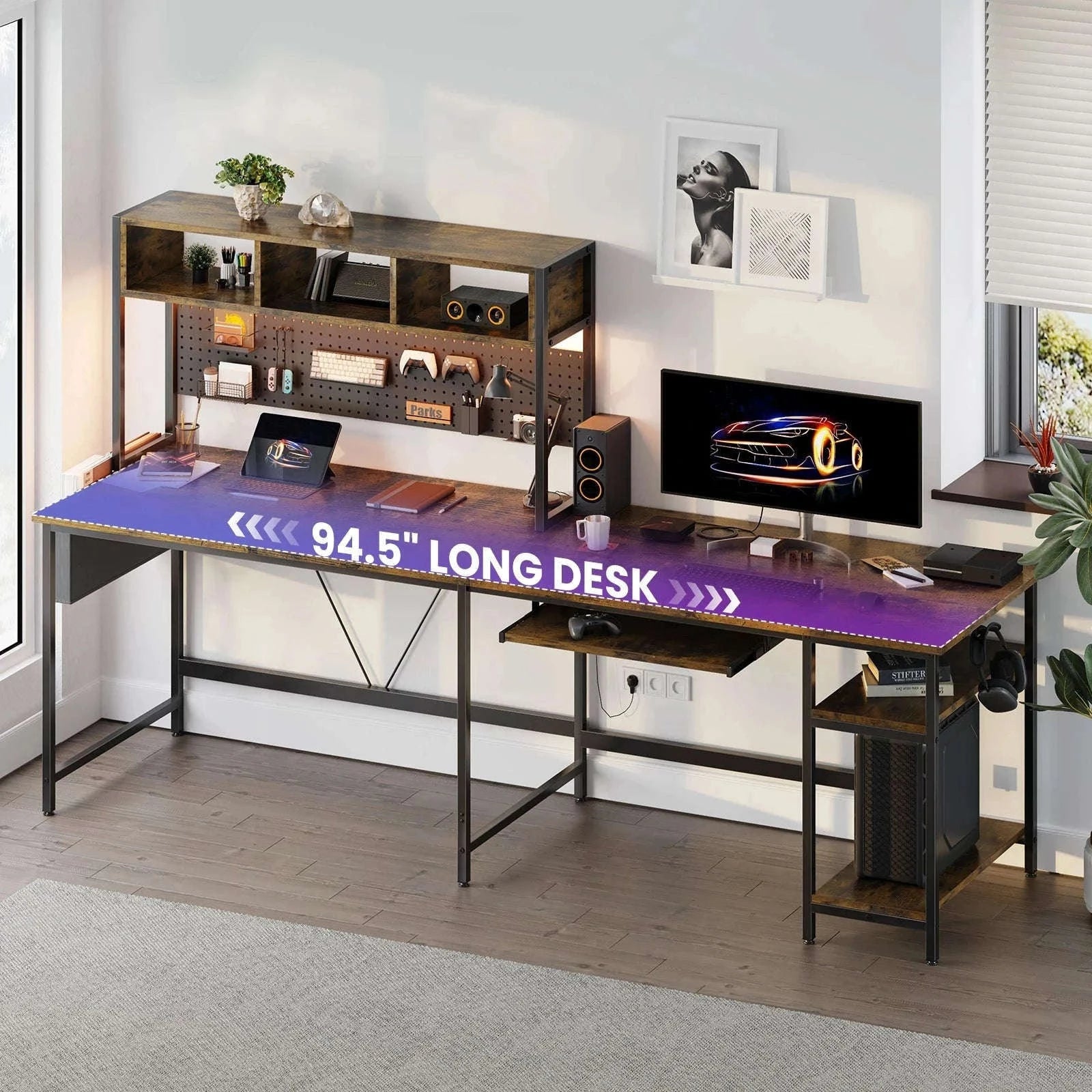 67" L-Shaped Gaming Desk with LED Lights & Keyboard Tray-Gray / United States