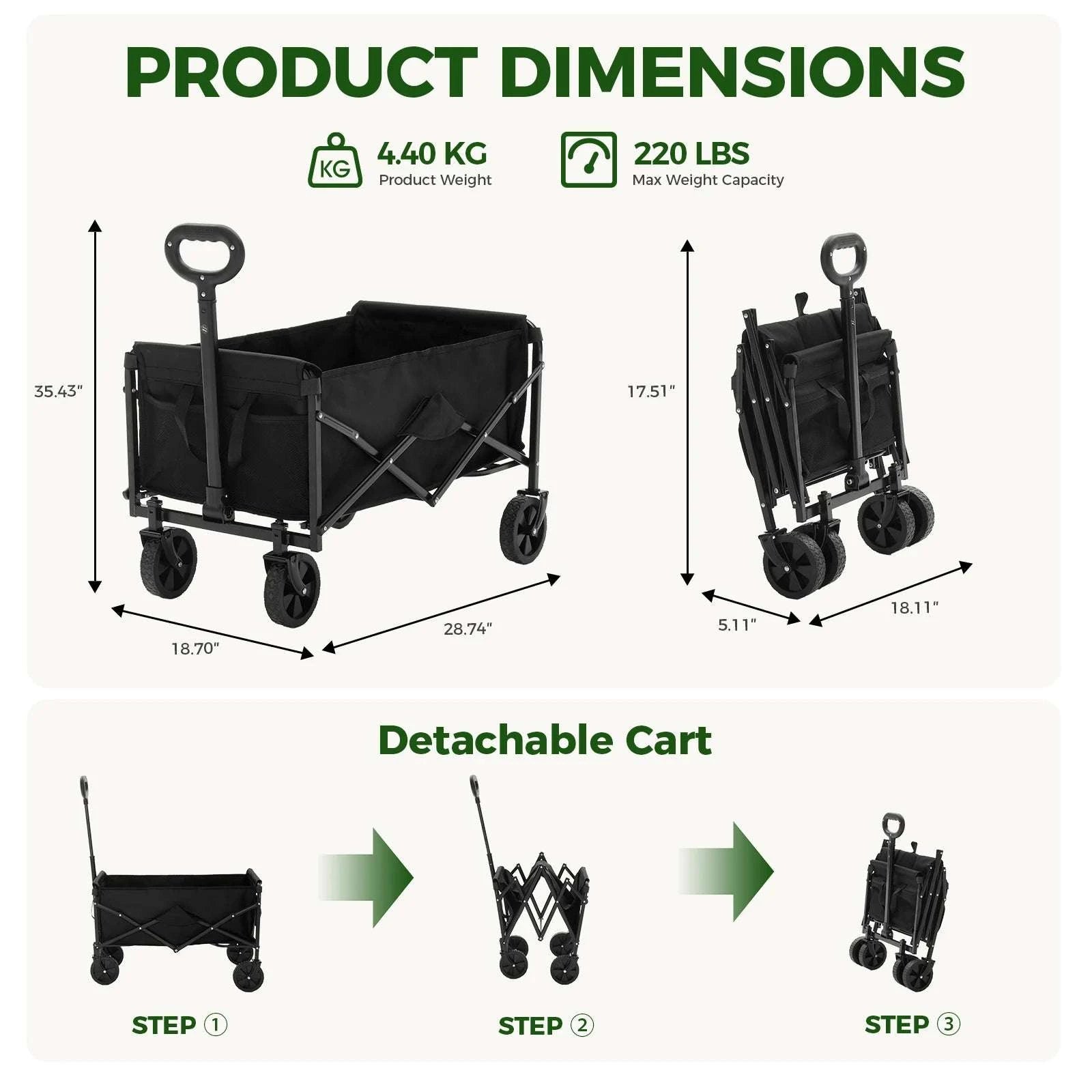 67L Collapsible Wagon Cart with Wheels, 220 lb Heavy Duty Capacity-LIGHT GRAY / United States