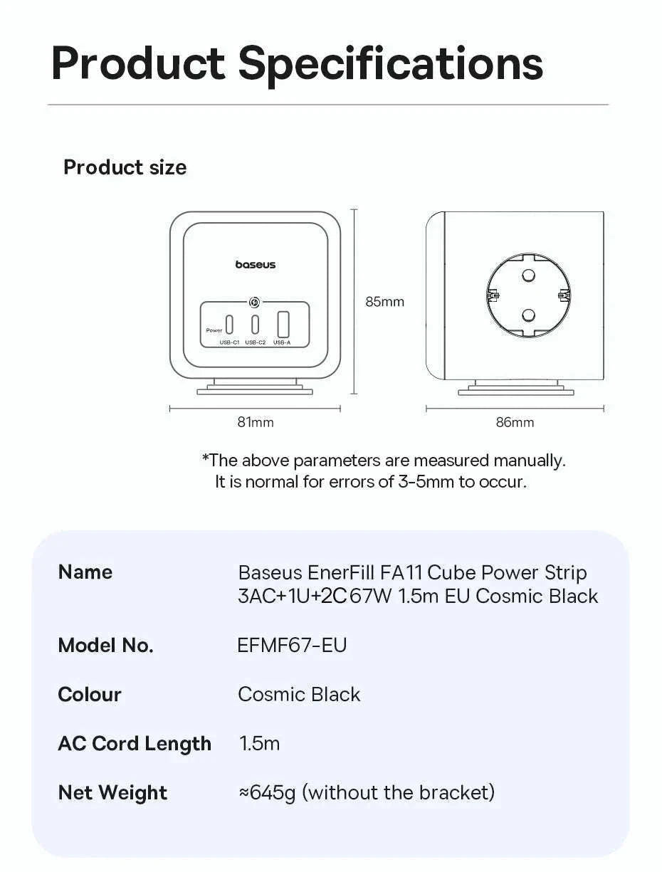 67W GaN Fast Charging Power Strip with 6 Ports and 3 AC Outlets-67W Black EU 220V