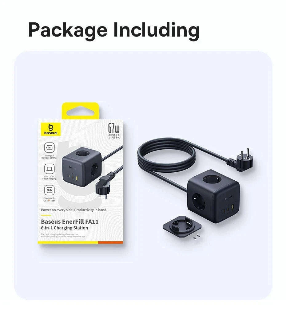 67W GaN Fast Charging Power Strip with 6 Ports and 3 AC Outlets-67W Black EU 220V