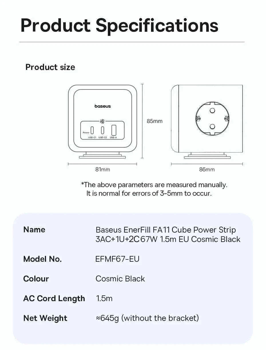 67W GaN Fast Charging Power Strip with 6 Ports and 3 AC Outlets-67W Black EU 220V
