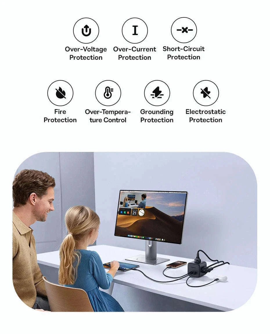 67W GaN Fast Charging Power Strip with 6 Ports and 3 AC Outlets-67W Black EU 220V