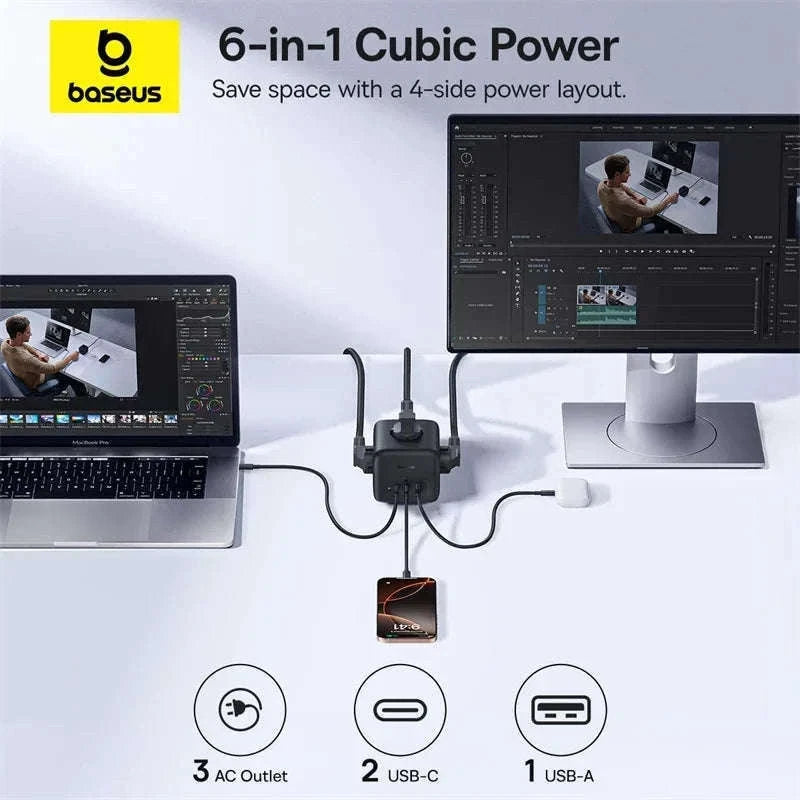 67W GaN Fast Charging Power Strip with 6 Ports and 3 AC Outlets-67W Black EU 220V
