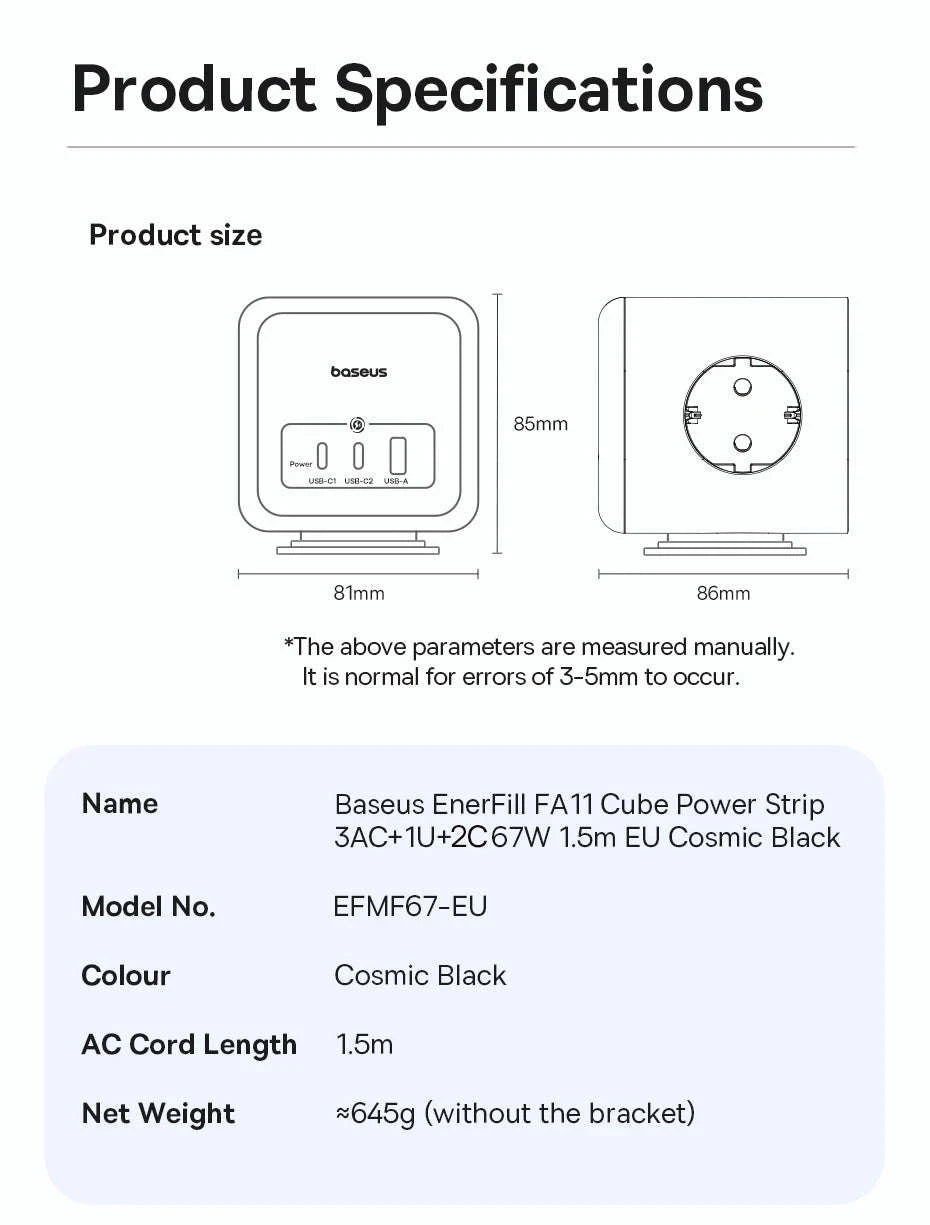 67W GaN Fast Charging Power Strip with 6 Ports and 3 AC Outlets-67W Black EU 220V