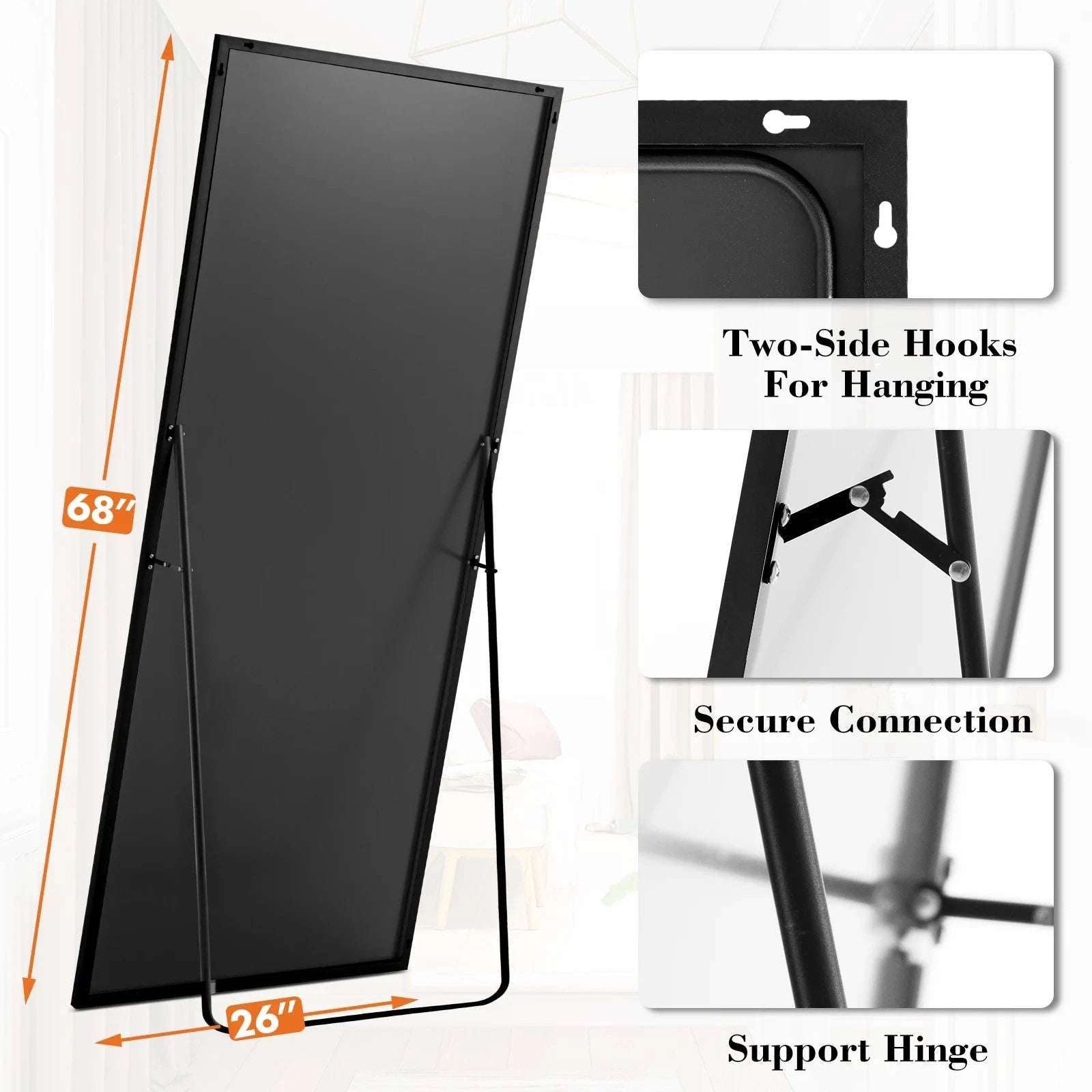 68x26 Arched Full Length Mirror with Stand for Bedroom or Bathroom-Black-rectangle / United States