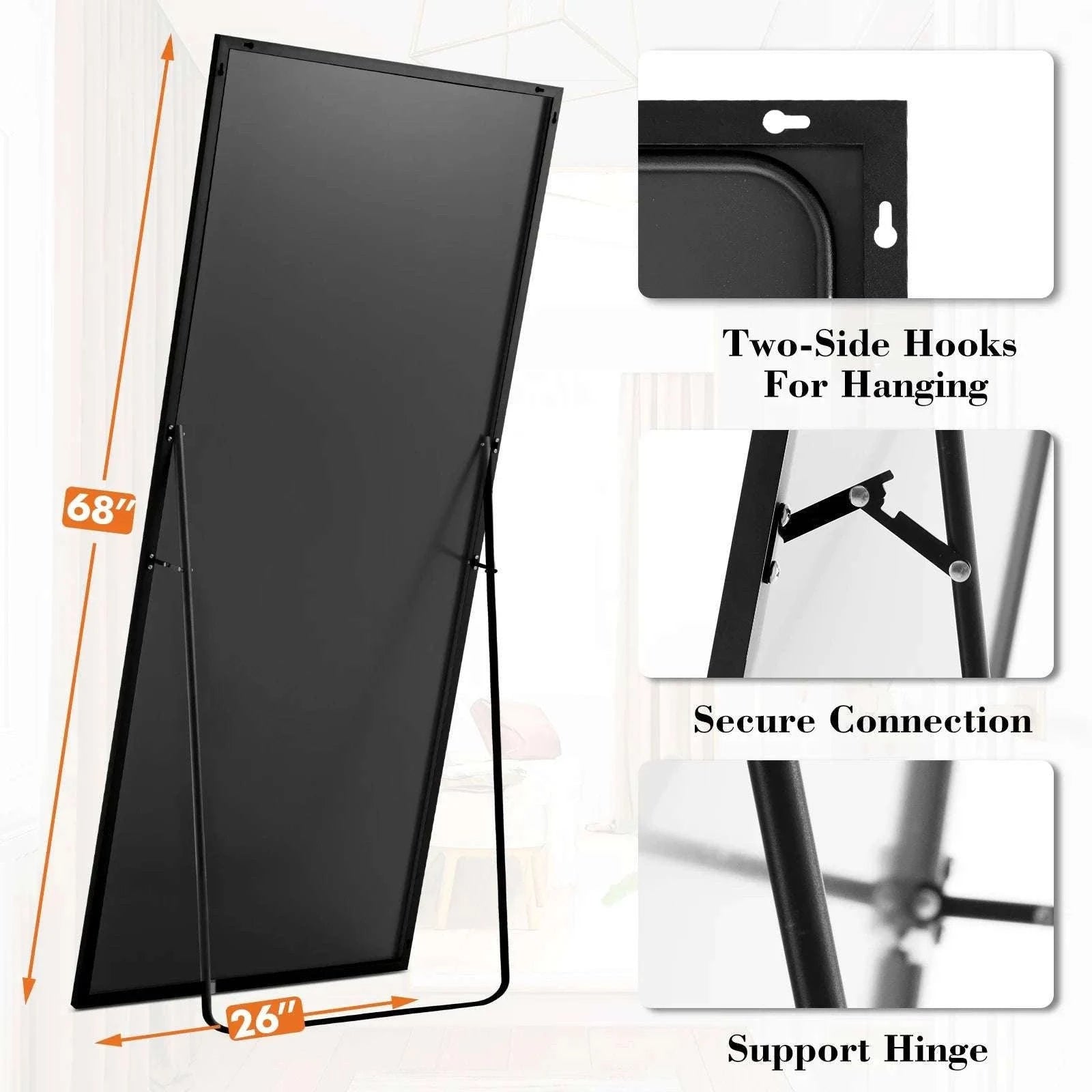 68x26 Arched Full Length Mirror with Stand for Bedroom or Bathroom-Black-rectangle / United States