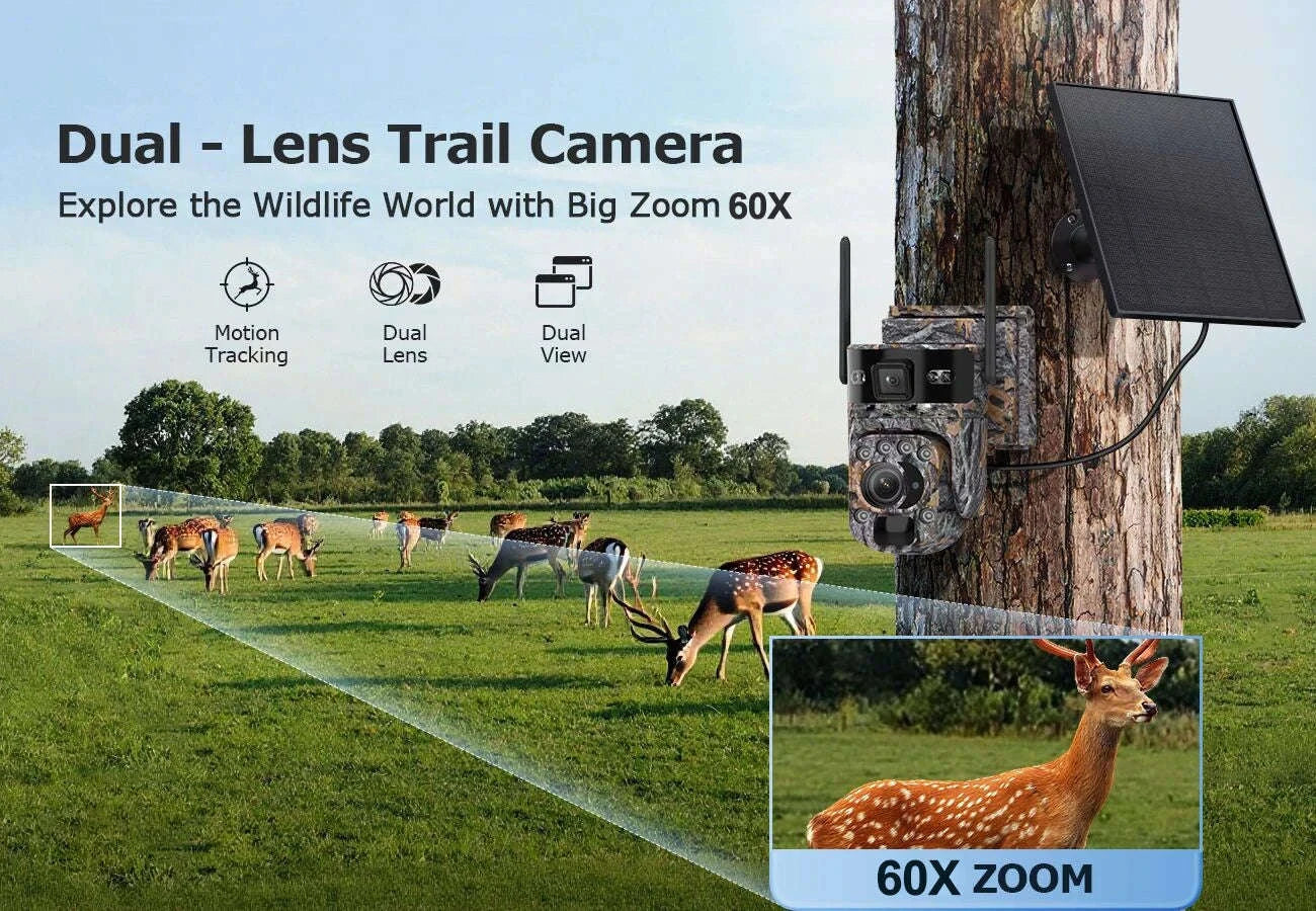 6K 12MP 4G/WiFi Solar Battery Security Camera 60X Zoom PTZ Outdoor-Black WIFI 32GB