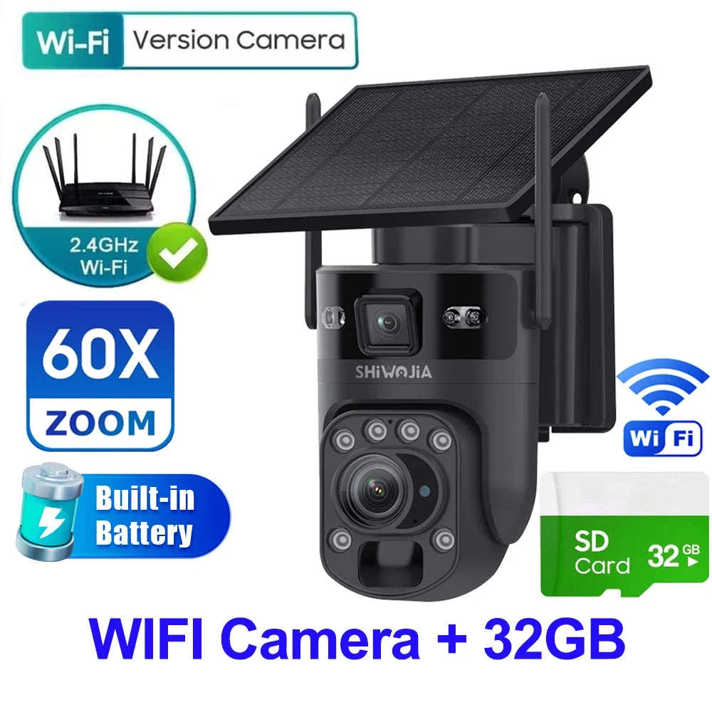 6K 12MP 4G/WiFi Solar Battery Security Camera 60X Zoom PTZ Outdoor-Black WIFI 32GB