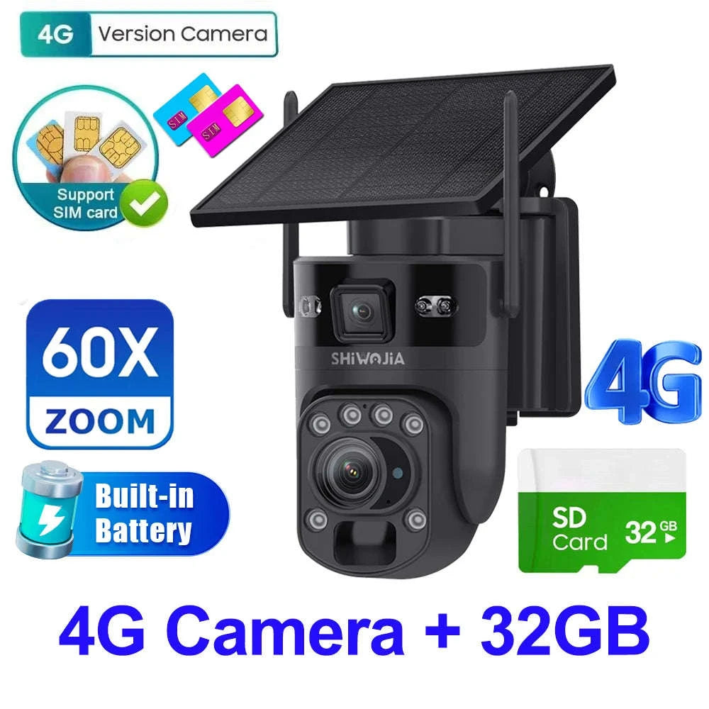 6K 12MP 4G/WiFi Solar Battery Security Camera 60X Zoom PTZ Outdoor-Black WIFI 32GB