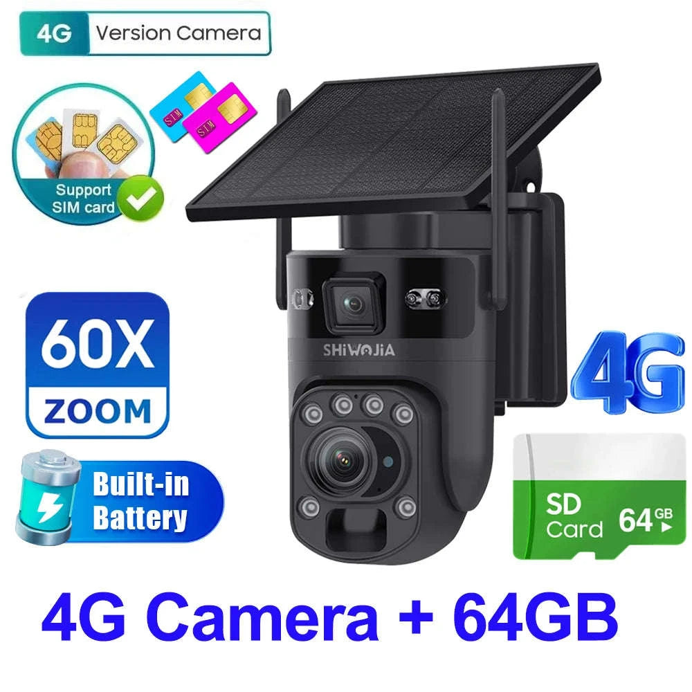 6K 12MP 4G/WiFi Solar Battery Security Camera 60X Zoom PTZ Outdoor-Black WIFI 32GB