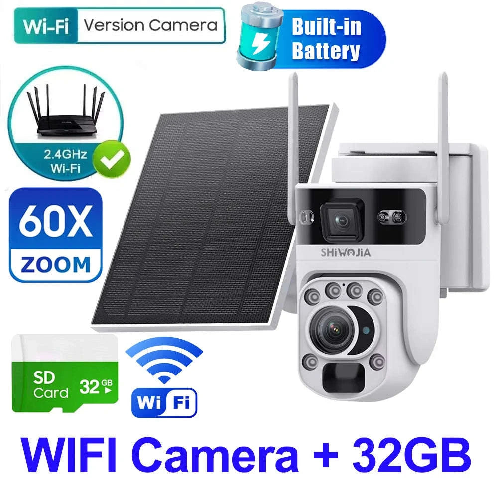 6K 12MP 4G/WiFi Solar Battery Security Camera 60X Zoom PTZ Outdoor-Black WIFI 32GB