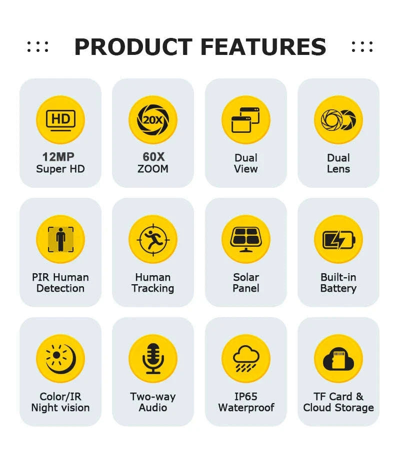 6K 12MP 4G/WiFi Solar Battery Security Camera 60X Zoom PTZ Outdoor-Black WIFI 32GB