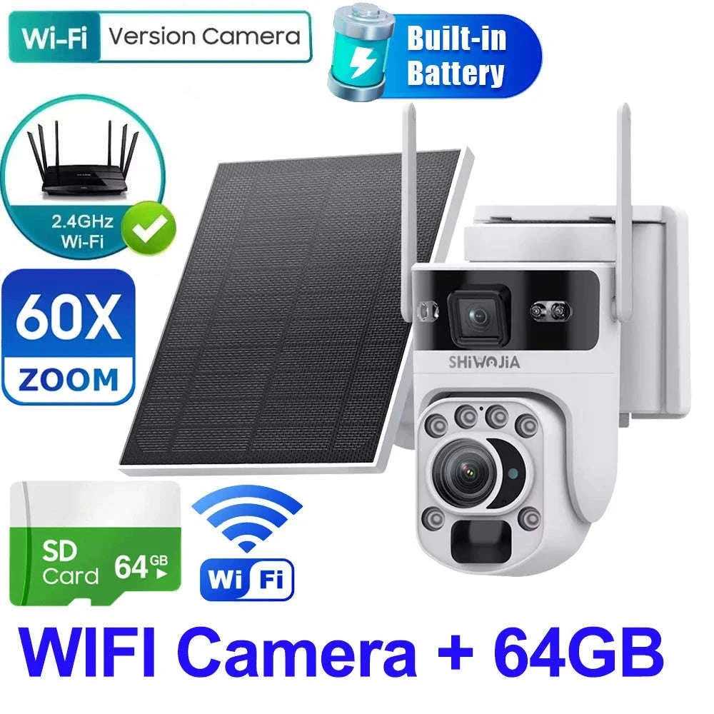 6K 12MP 4G/WiFi Solar Battery Security Camera 60X Zoom PTZ Outdoor-Black WIFI 32GB