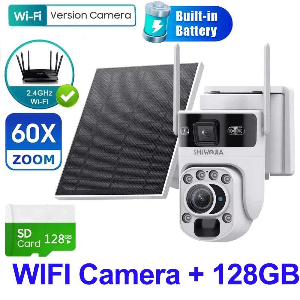 6K 12MP 4G/WiFi Solar Battery Security Camera 60X Zoom PTZ Outdoor-Black WIFI 32GB