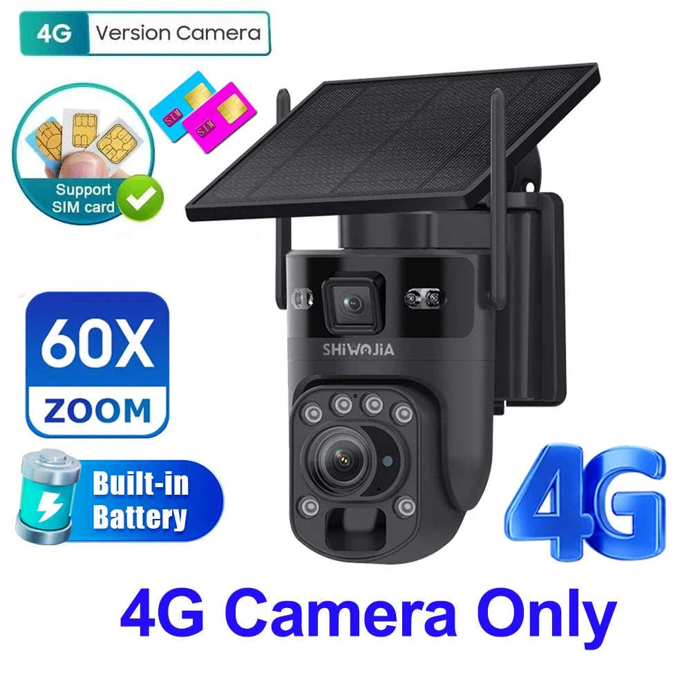 6K 12MP 4G/WiFi Solar Battery Security Camera 60X Zoom PTZ Outdoor-Black WIFI 32GB