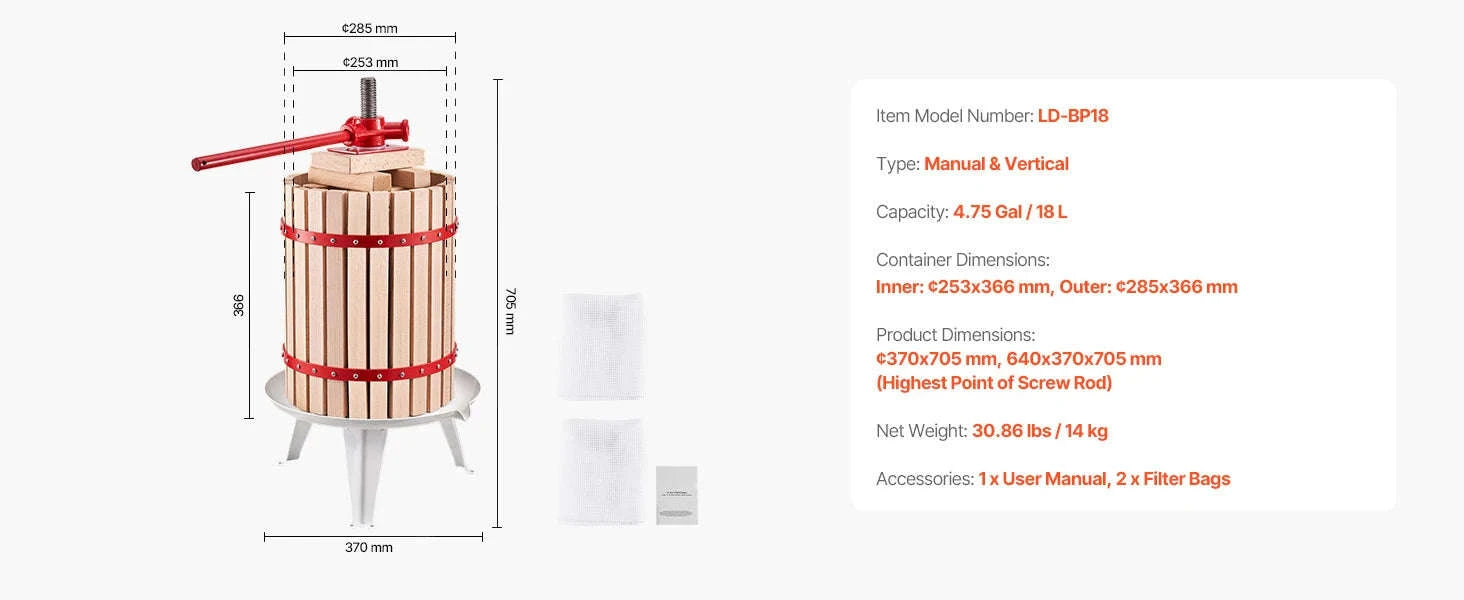 6L-18L Fruit Wine Manual Press Solid Wood Basket Juice Maker-12L / france