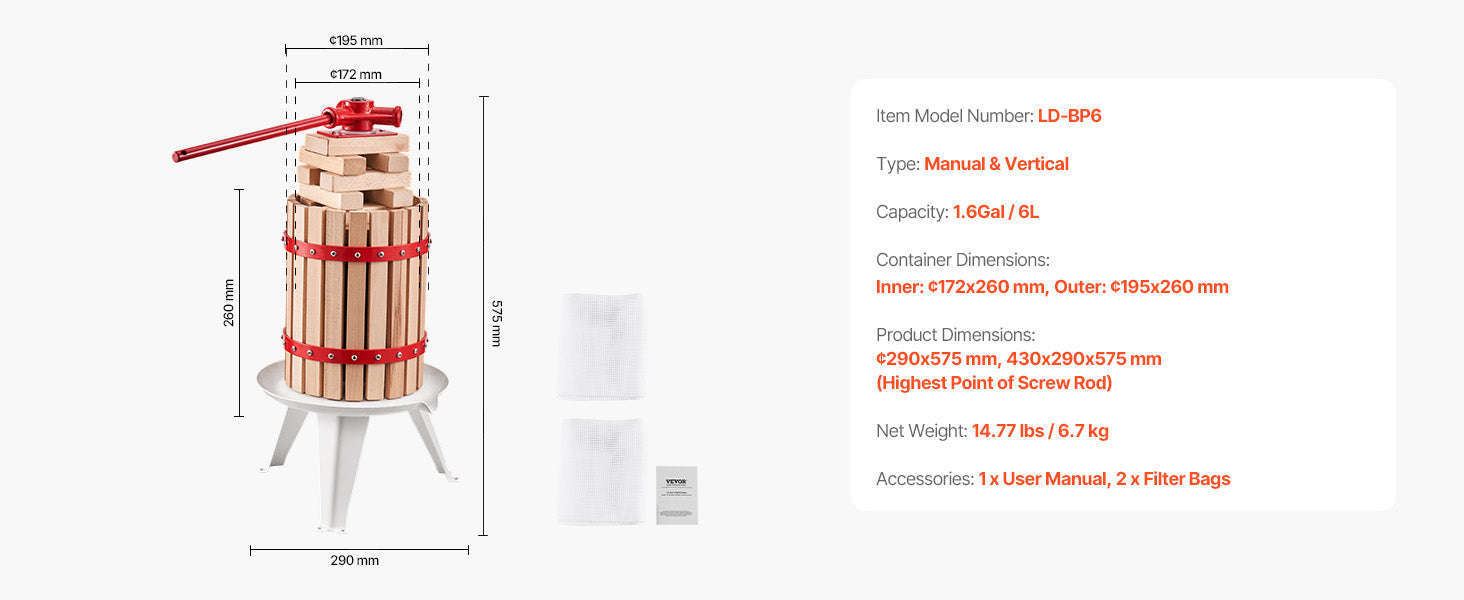 6L-18L Fruit Wine Manual Press Solid Wood Basket Juice Maker-12L / france