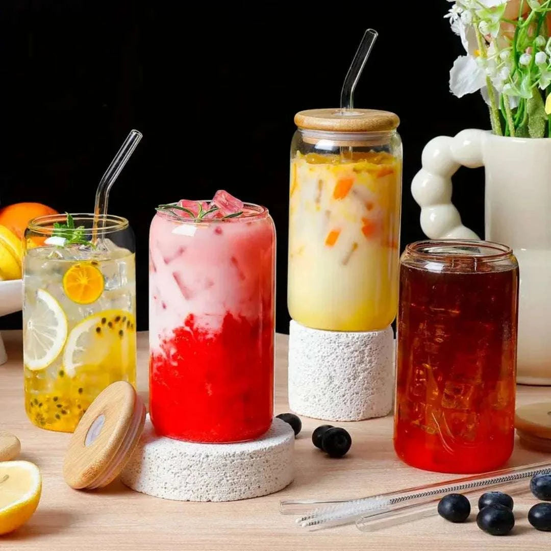 6pcs 550ml Glass Cups Set with Bamboo Lids and Glass Straws-Clear / 501-600ml / United States