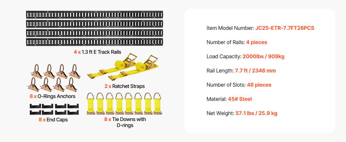 7.7 ft E-Track Tie-Down Rail Kit with Straps & Anchors (4 Pack)-4 Pack / United States