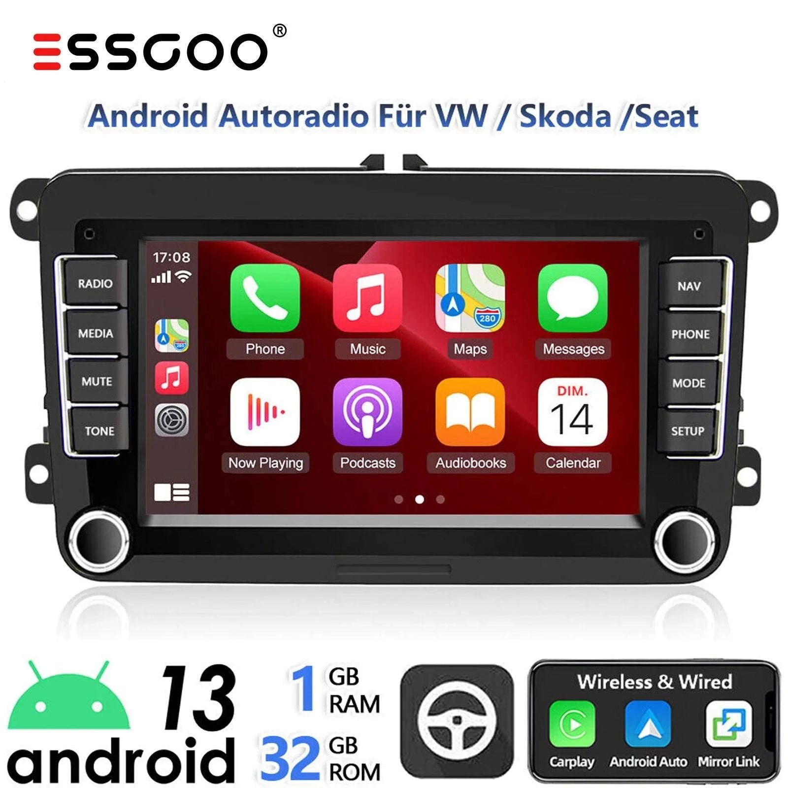 7" Android 14 Car Stereo for VW with CarPlay, GPS & Voice AI-1-32 Carplay / GERMANY / Quad Core