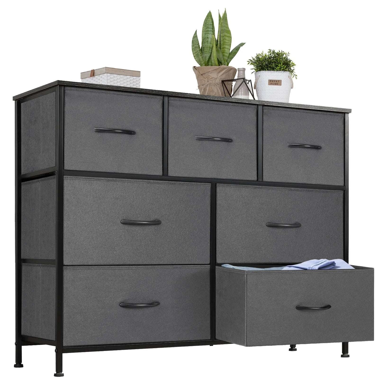 7-Drawer Fabric Dresser Organizer with Metal Frame and Wood Top-GRAY / GERMANY