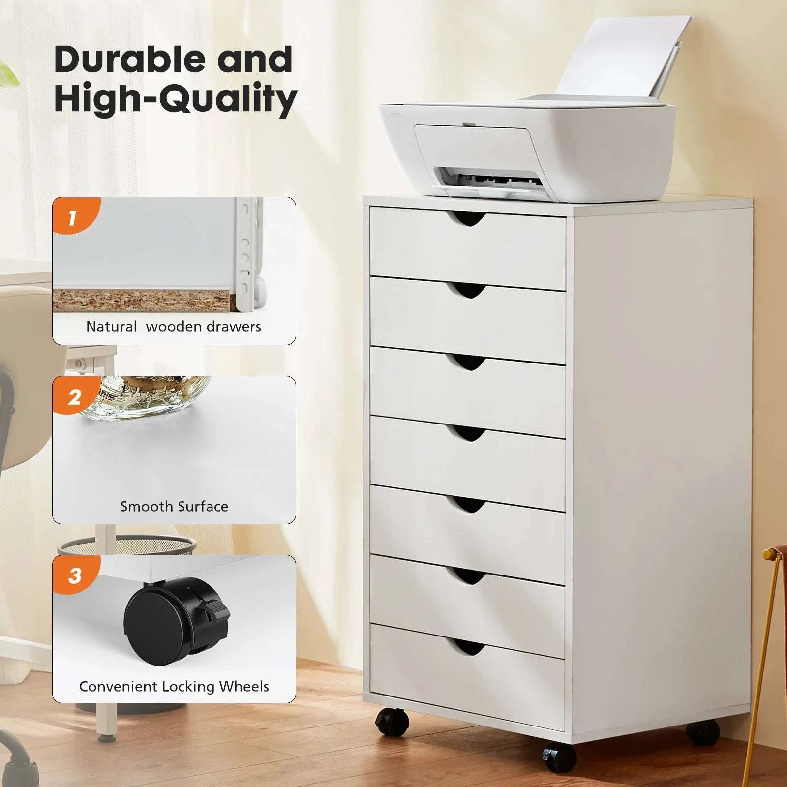 7 Drawer Rolling Storage Cabinet with Wheels Wooden Chest Organizer-WHITE / United States