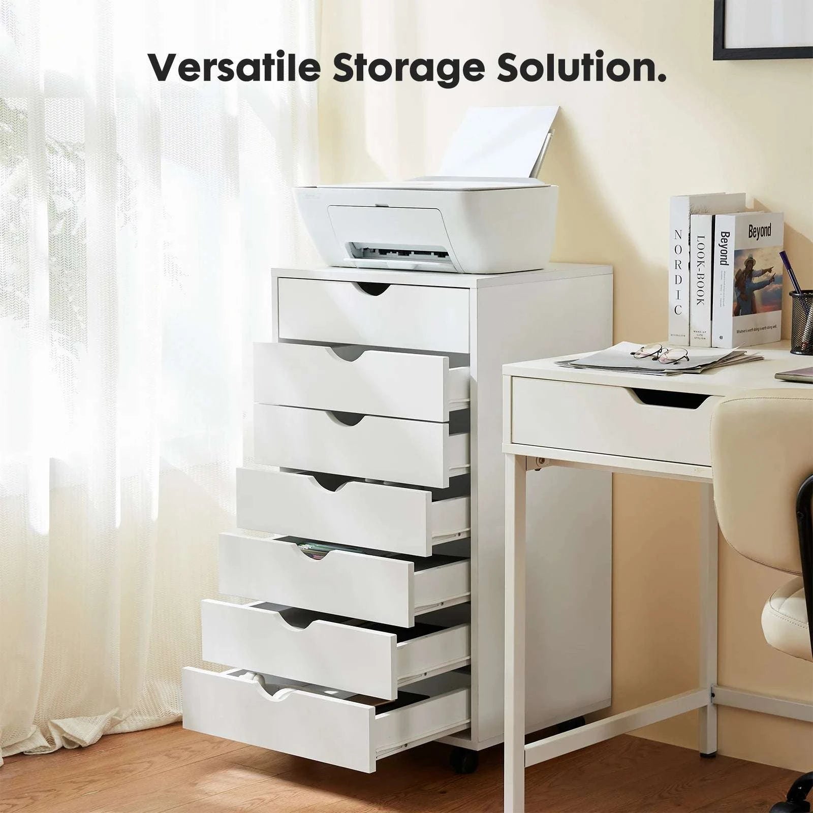 7 Drawer Rolling Storage Cabinet with Wheels Wooden Chest Organizer-WHITE / United States