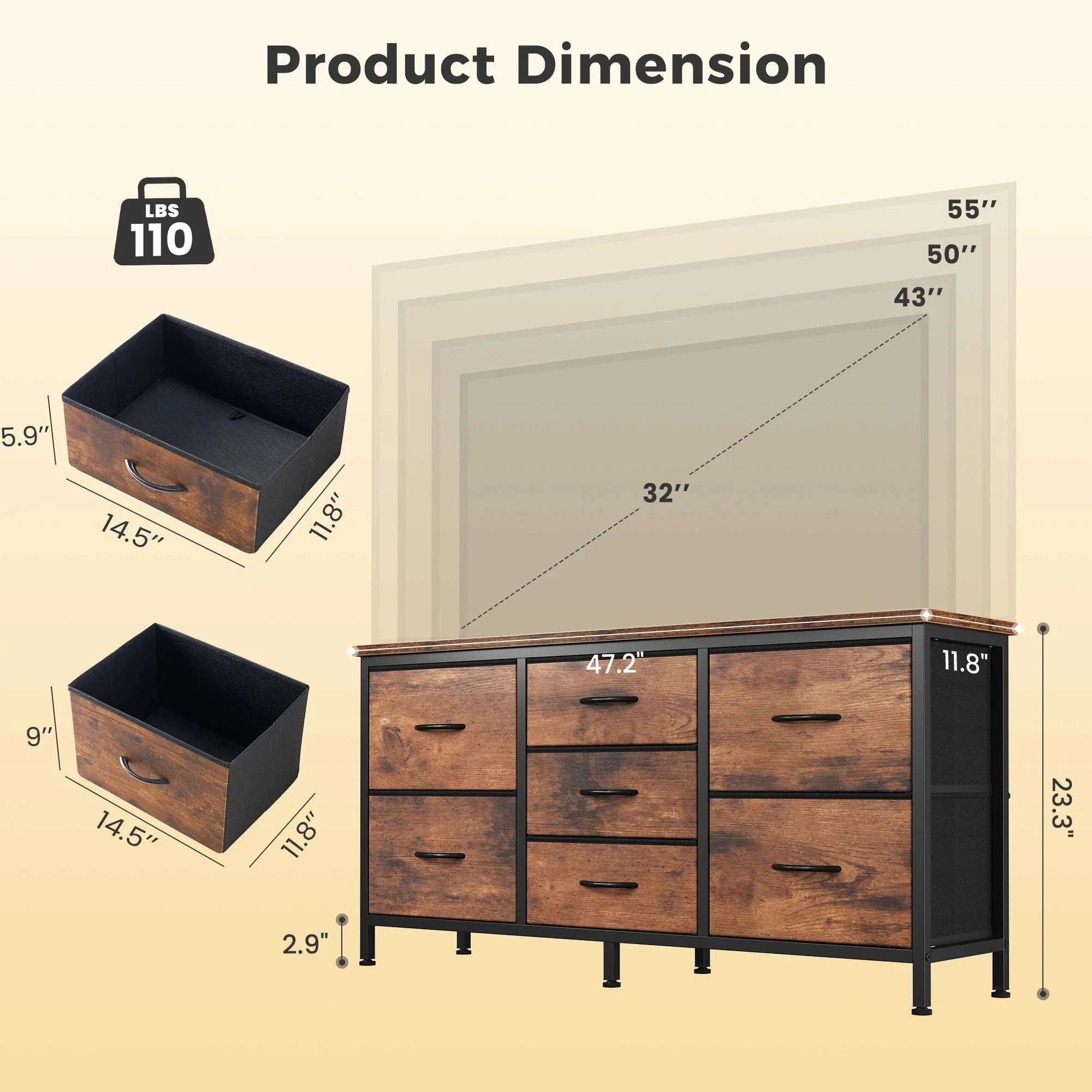 7 Drawer TV Stand Dresser with Storage & Charging Station for 32–55” TVs-Chocolate / United States