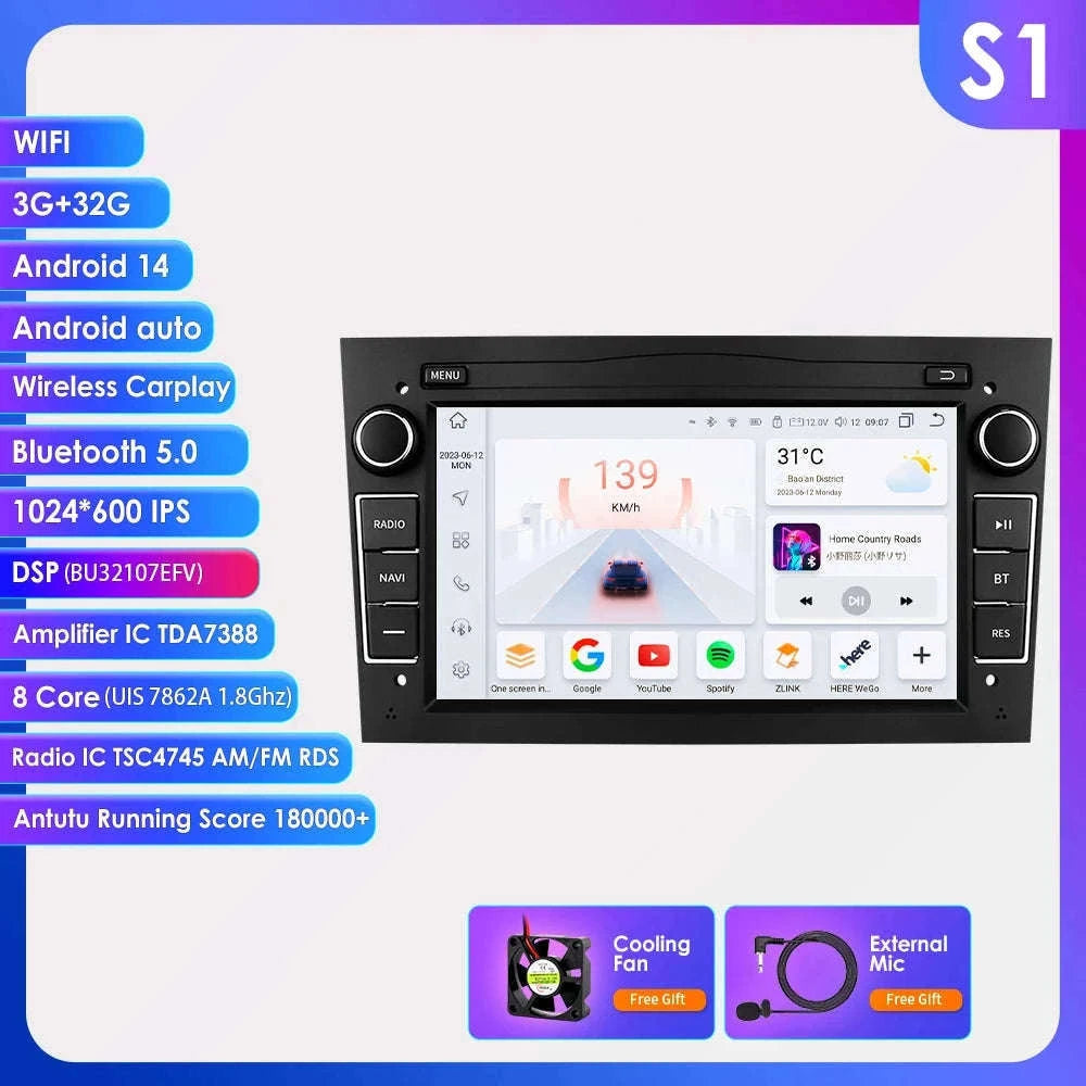 7-Inch Android Car Radio with CarPlay for Opel-S6 Black / france