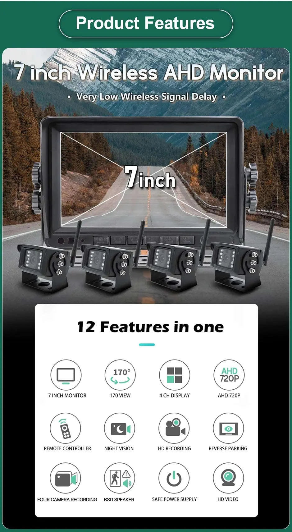 7 Inch Wireless Backup Camera Monitor with Night Vision-4 cameras add 128GB
