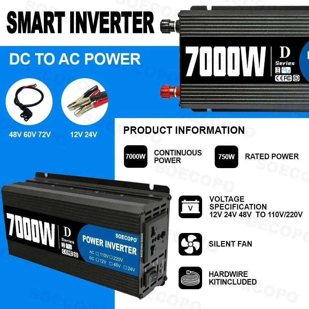 7000W Peak Power Inverter 12V/24V/48V DC to 110V/220V AC with USB-110V 60Hz / 48V
