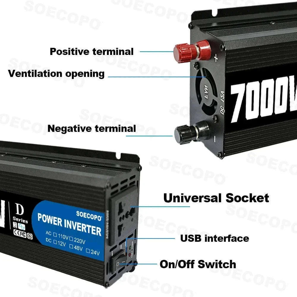 7000W Peak Power Inverter 12V/24V/48V DC to 110V/220V AC with USB-110V 60Hz / 48V