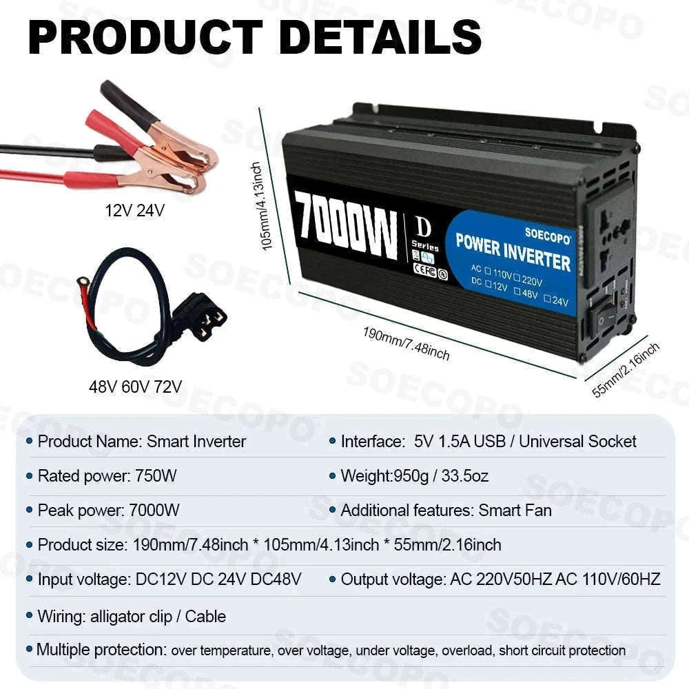 7000W Peak Power Inverter 12V/24V/48V DC to 110V/220V AC with USB-110V 60Hz / 48V