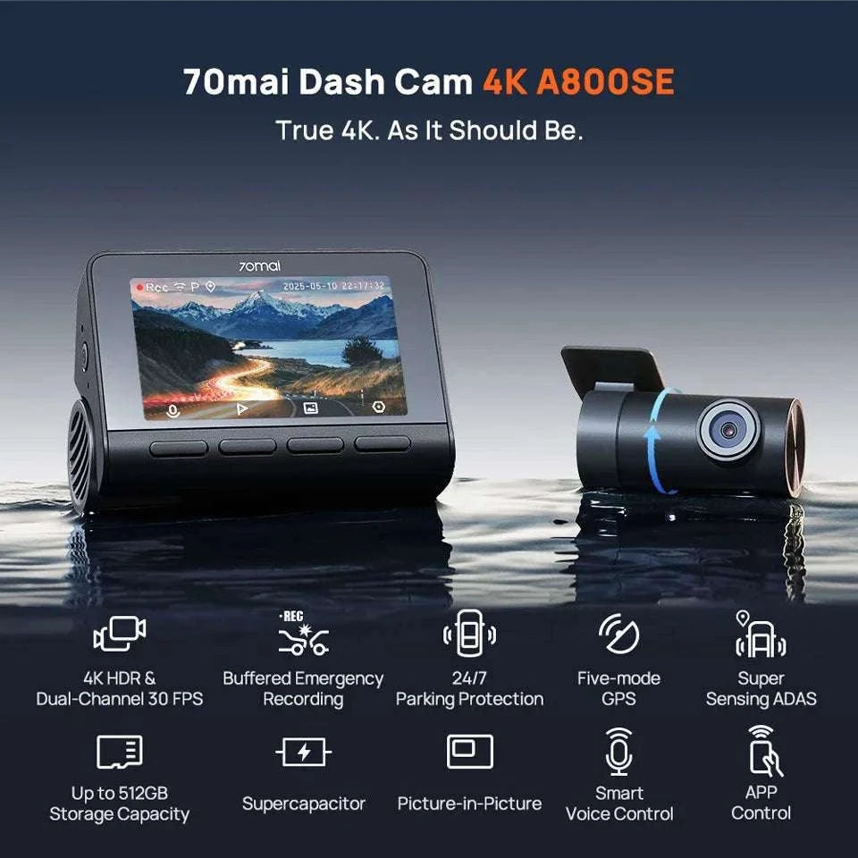 70mai A800SE 4K Dash Cam with GPS, ADAS & Voice Control-2-Channel n UP03 / Saudi Arabia / UHS-I U3 256GB