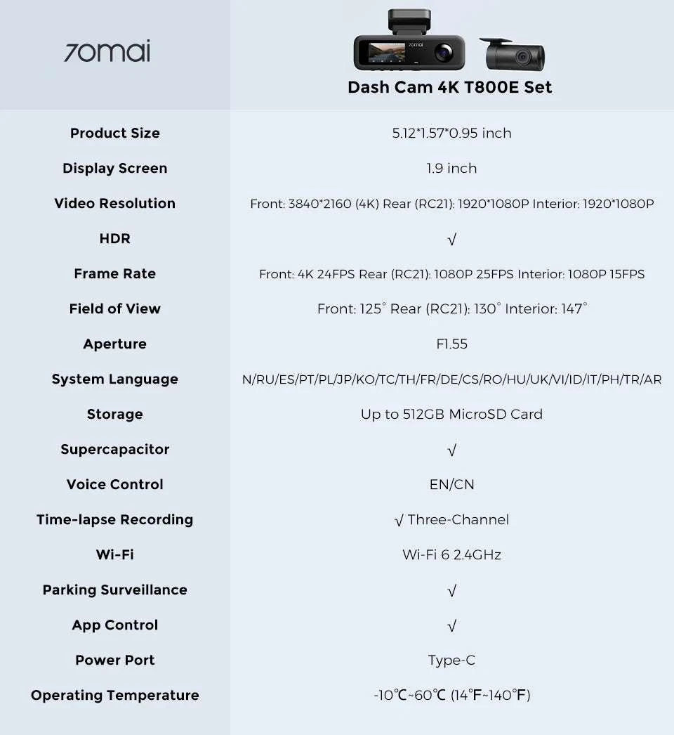70mai T800E 3-Channel Dash Cam 4K Front + Dual 1080P HDR-3-Channel n UP03 / Mexico / UHS-I U3 512GB
