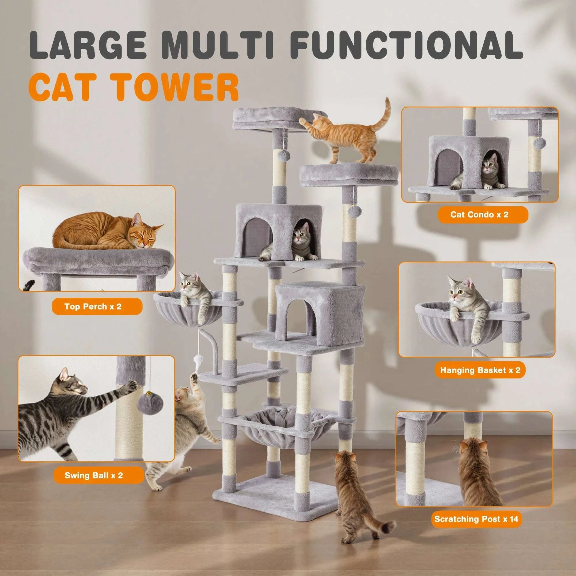 71" Multi-Level Cat Tree Tower with Condo, Hammock & Scratching Posts-Light Grey / United States