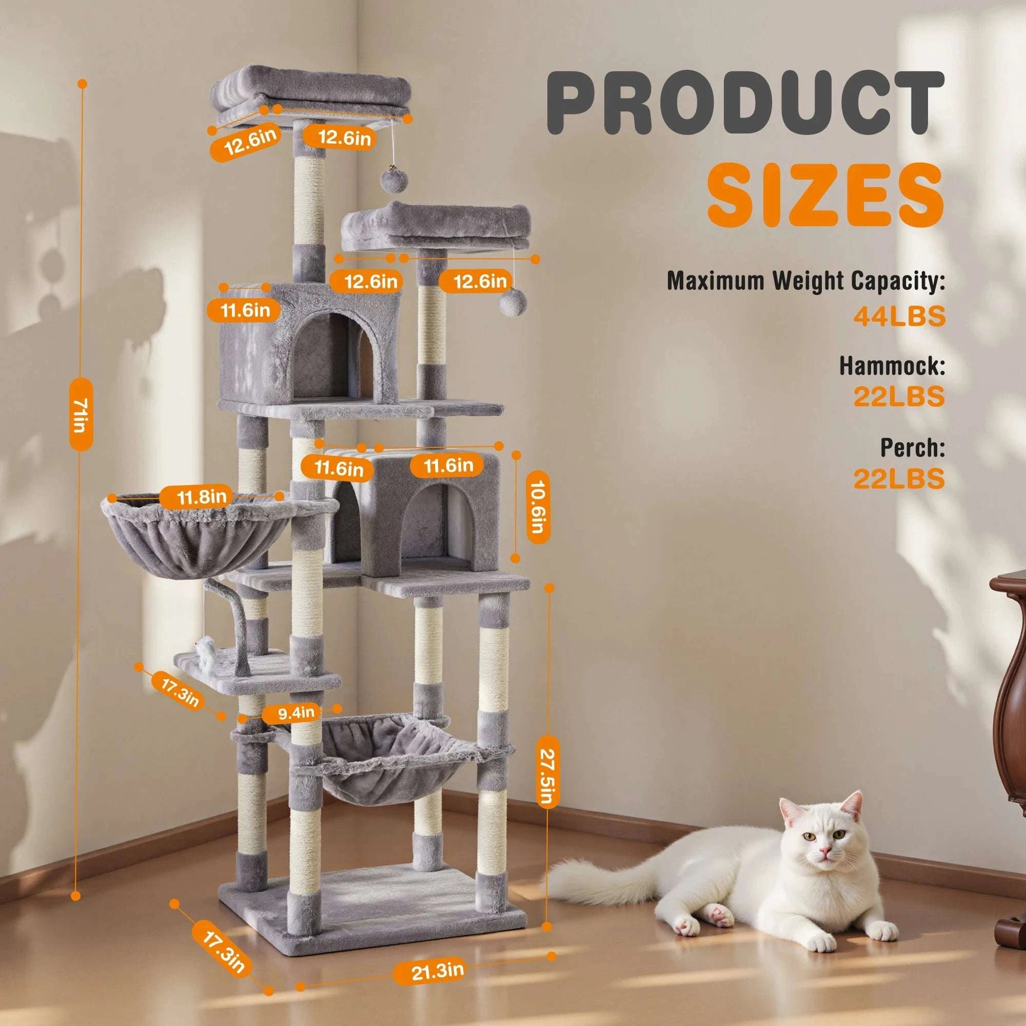 71" Multi-Level Cat Tree Tower with Condo, Hammock & Scratching Posts-Light Grey / United States