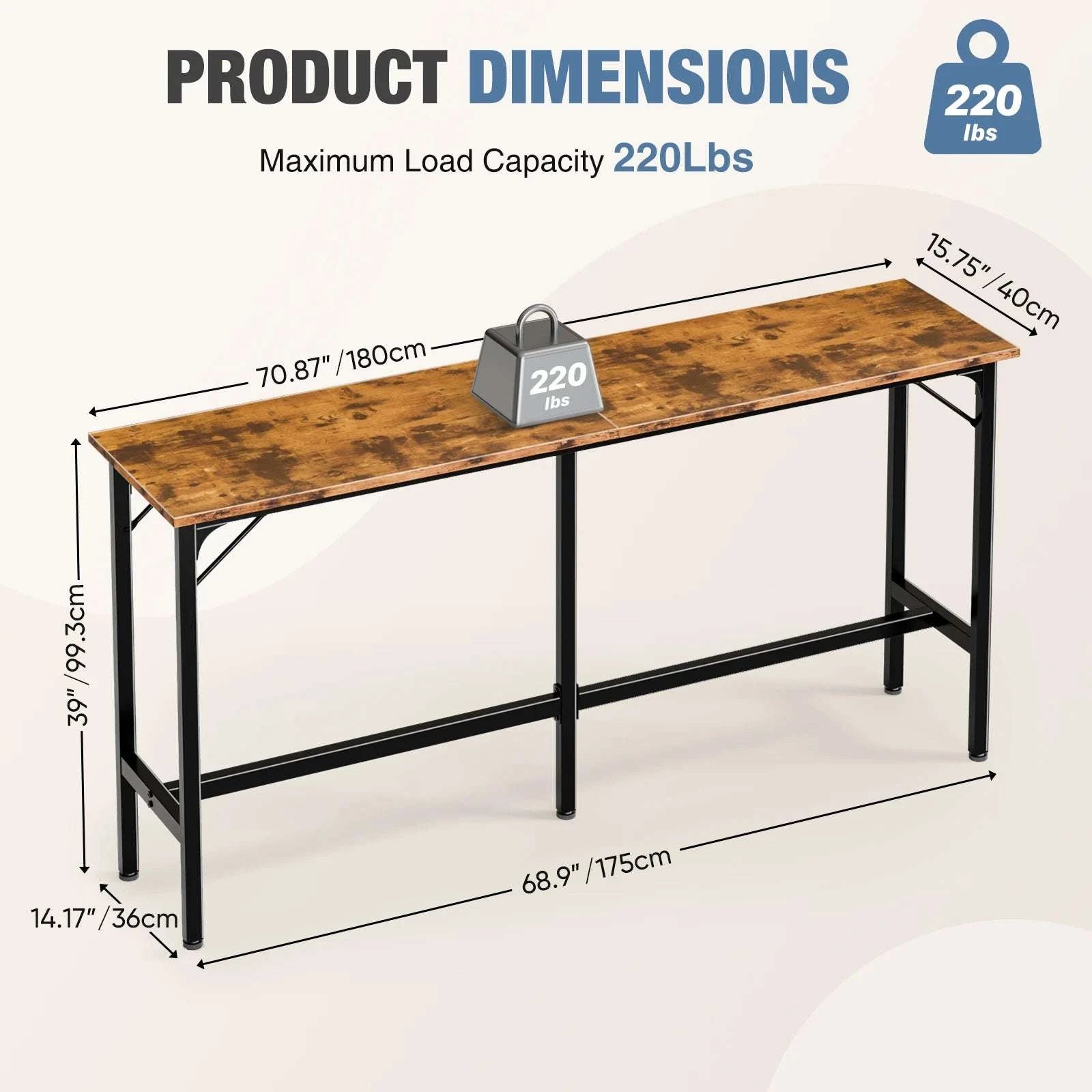 71" Rectangular Bar Height Table for Dining, Work, or Living Space-Brown / United States