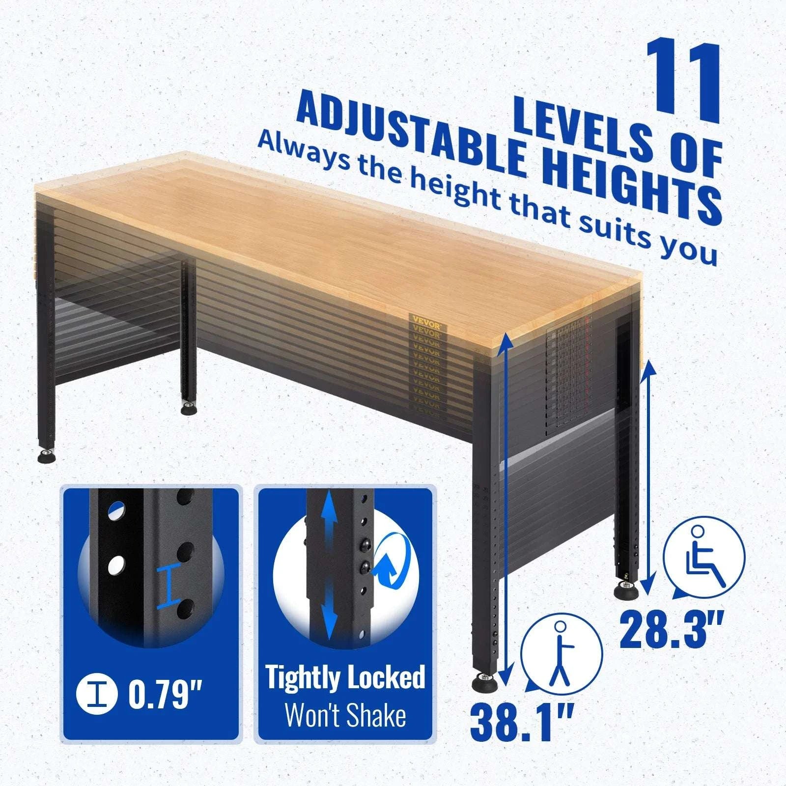 72" Adjustable Height Workbench with Oak Top, 900kg Capacity-48x20in no wheel / United States