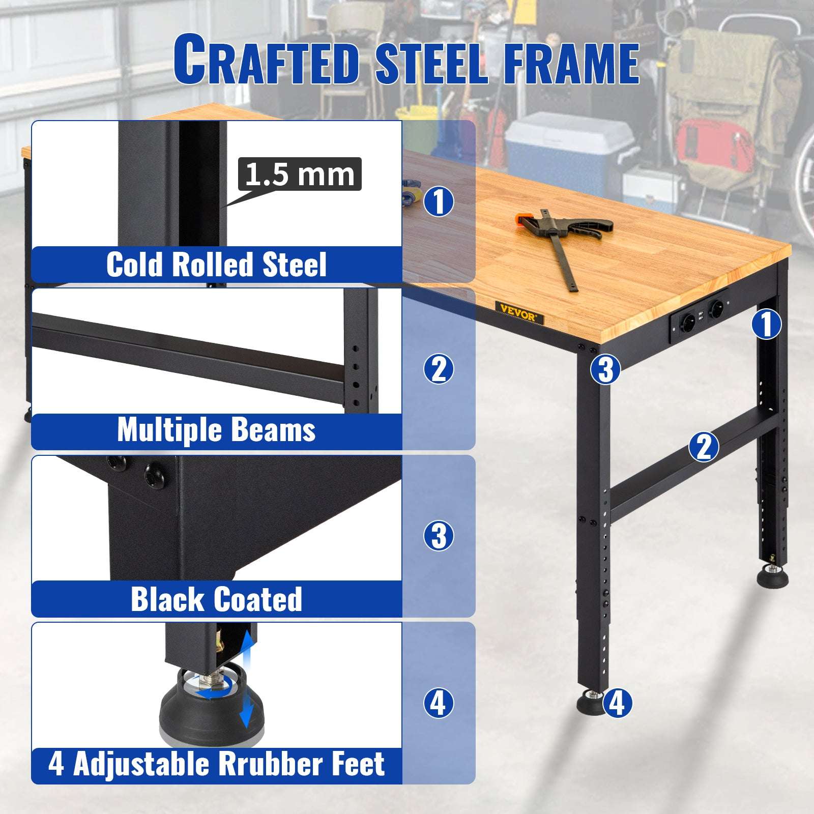 72" Adjustable Height Workbench with Oak Top, 900kg Capacity-48x20in no wheel / United States