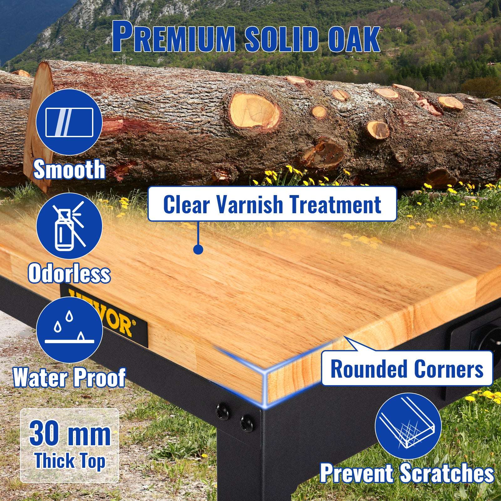 72" Adjustable Height Workbench with Oak Top, 900kg Capacity-48x20in no wheel / United States