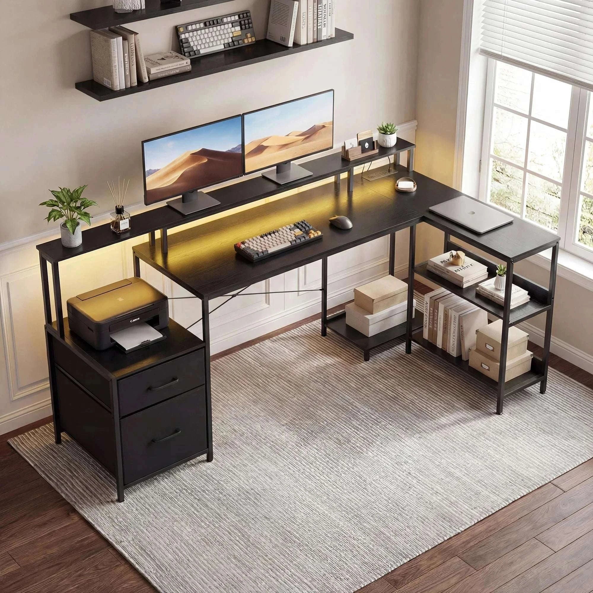 75" L-Shaped Computer Desk with Storage Drawers and Shelf-DARK GRAY / United States