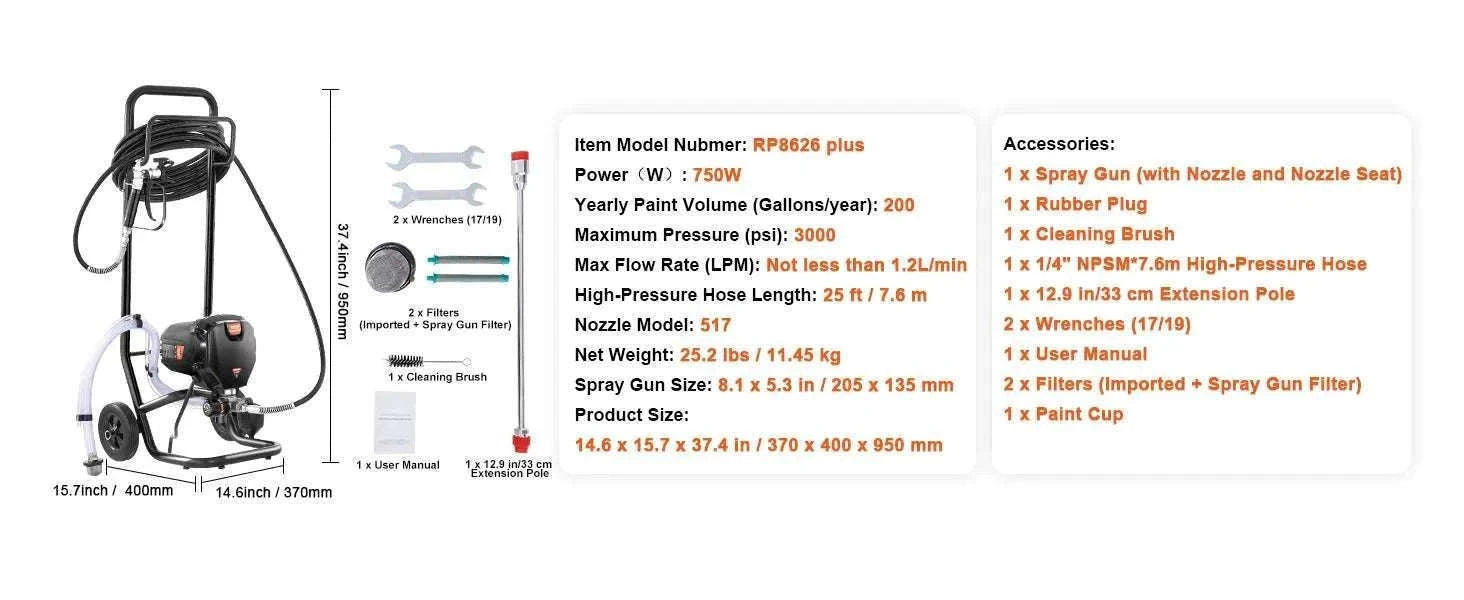 750W/950W Airless Paint Sprayer 3000 PSI High Pressure System-750W / United States
