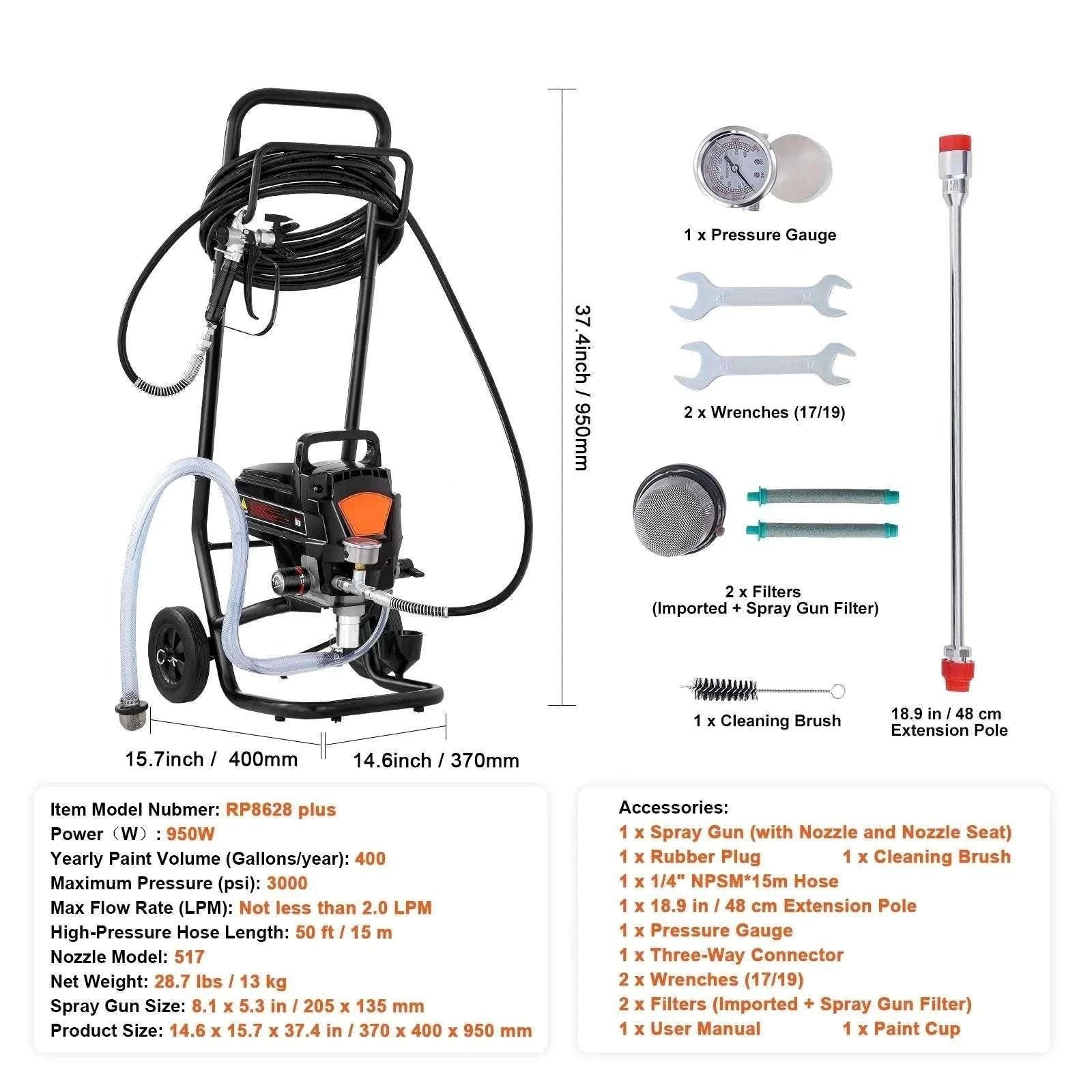 750W/950W Airless Paint Sprayer 3000 PSI High Pressure System-750W / United States