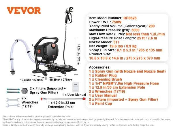 750W/950W Airless Paint Sprayer 3000 PSI High Pressure System-750W / United States