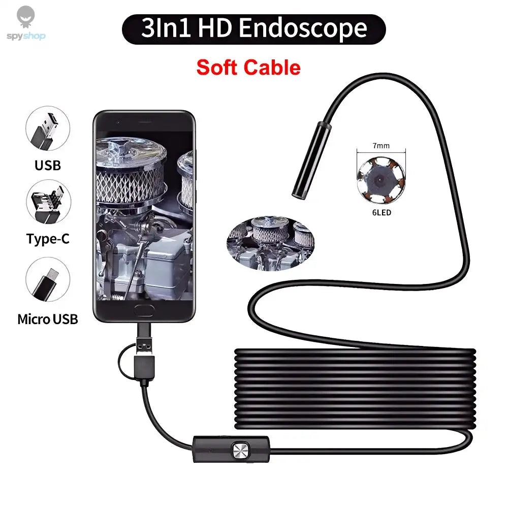 7MM Android Endoscope Camera 3 IN1 Micro USB Type C Borescope Mini Camera Waterproof LED Car Inspection For HUAWEI XIAOMI PC Spy-shop.com