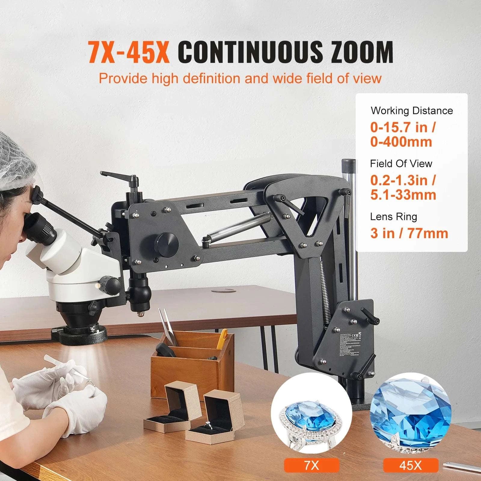 7X–45X Multi-Directional Jewelry Microscope with LED Ring Light-with Ball Vise / france