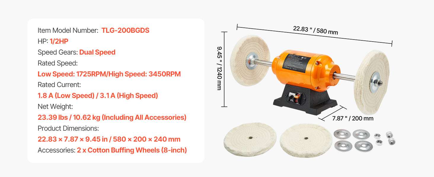8" Bench Buffer Polisher 1/2HP Dual Speed 1725/3450RPM with Wheels-8inch 110V / United States
